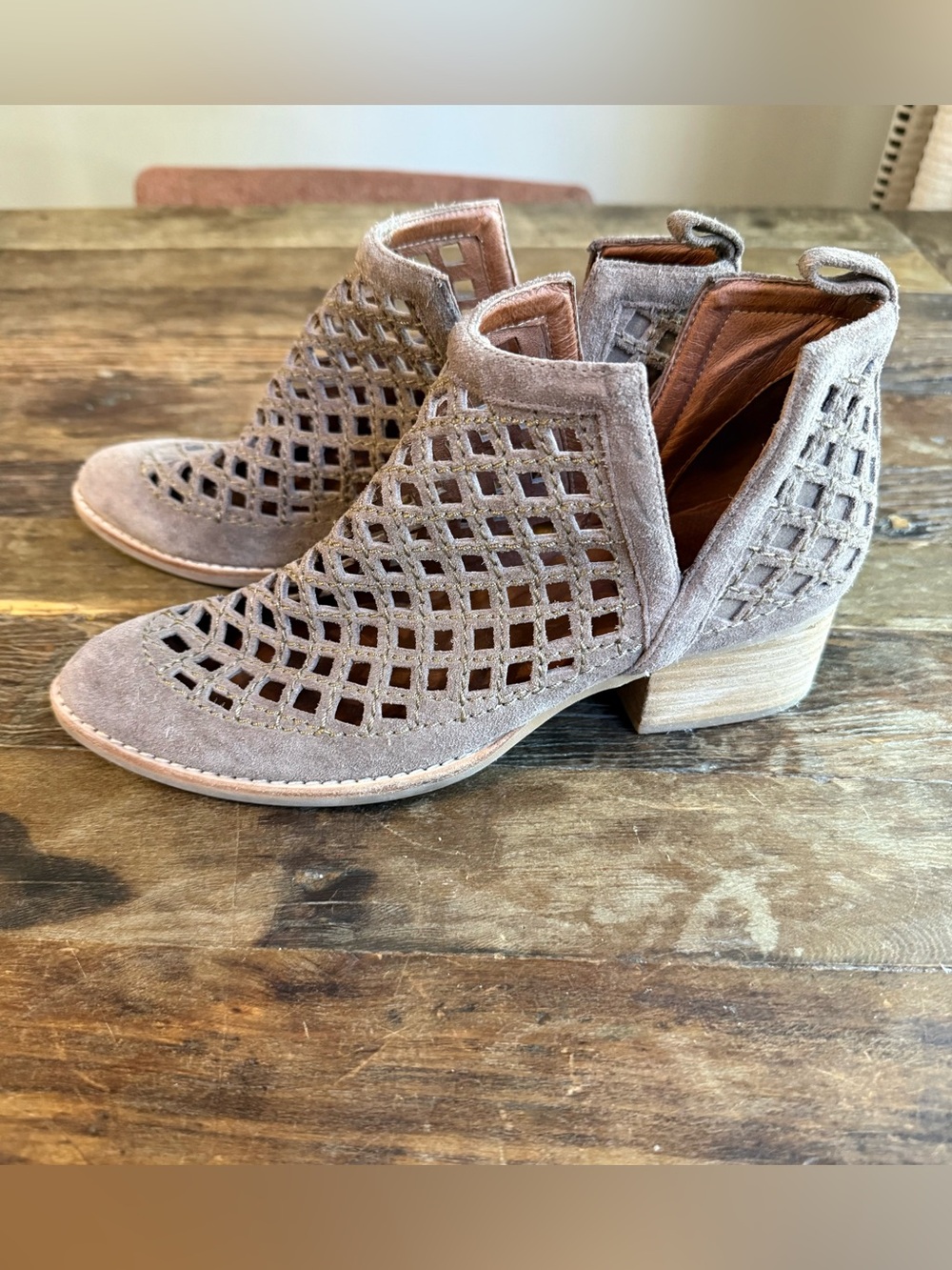 Jeffrey Campbell Cutout Suede Ankle Bootie in Taupe